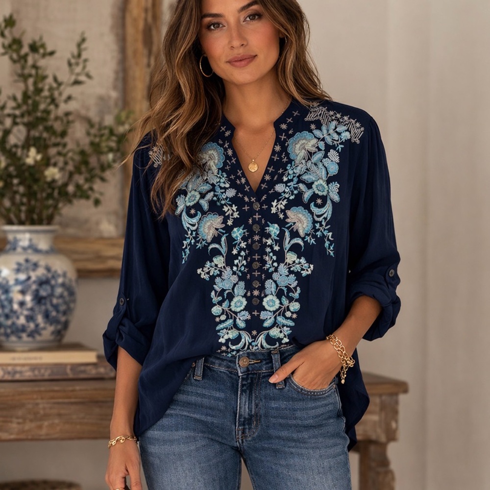 Neiman Marcus Navy Blue Turquoise Embroidered Blouse